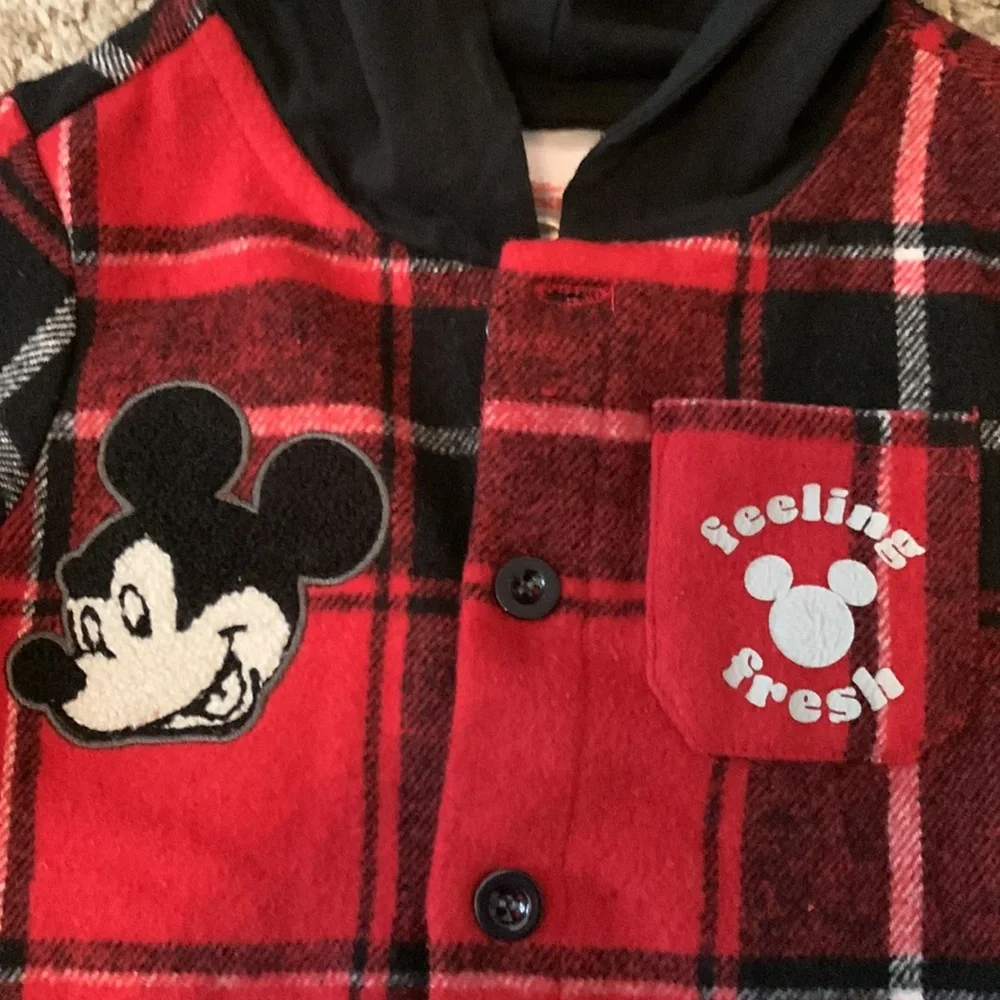 Disney Red & Black Plaid Mickey Jacket, Gray Mickey Shirt, & Black Pants 18 mo